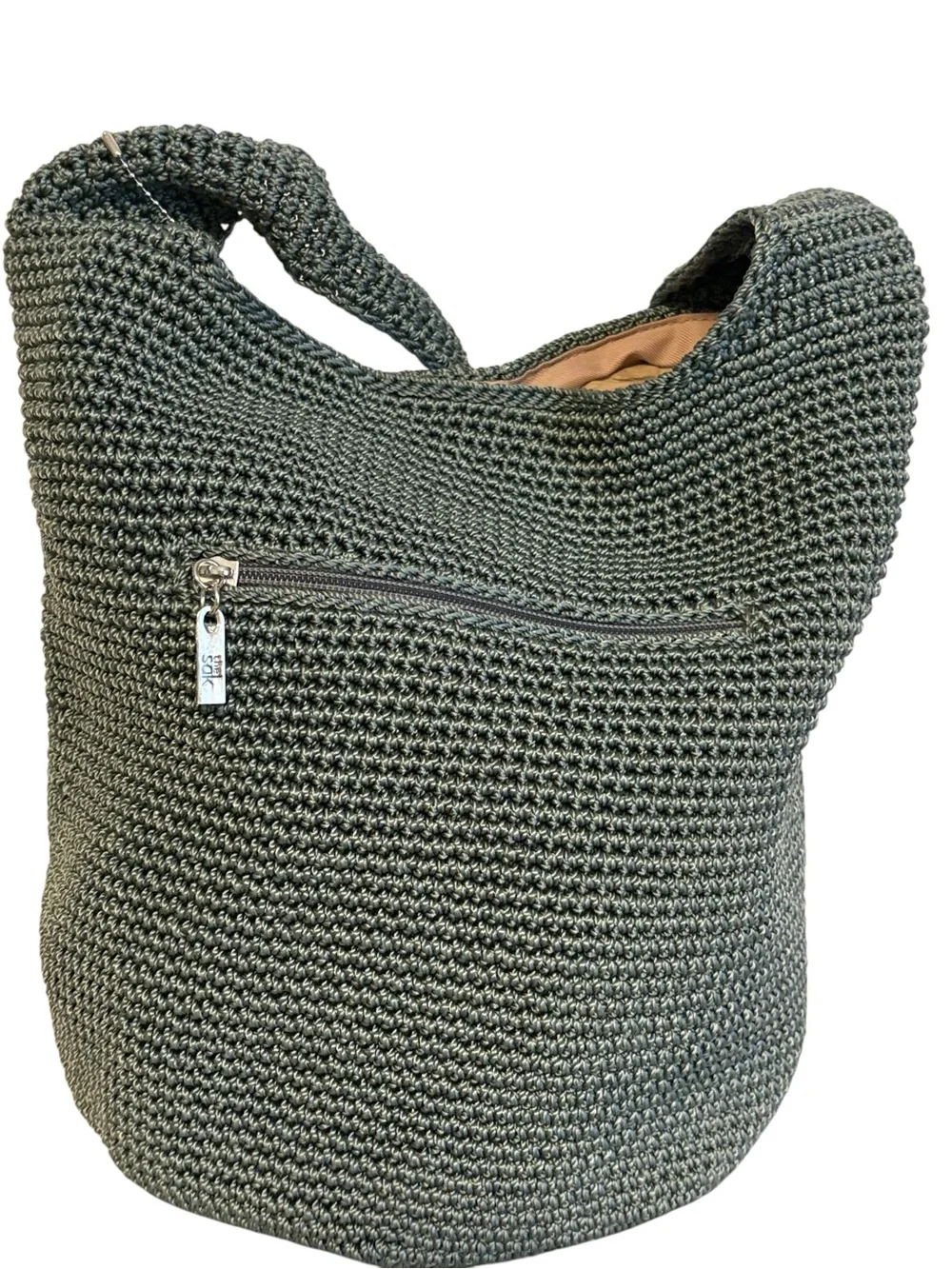 The Sak Hand Crocheted Hobo Shoulder Bag Slouchy Silhouette Olive Green